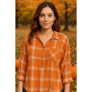 TAXI Orange Plaid Button Henley Top Women's 3X 100% Cotton Roll Tab Sleeve Flowy